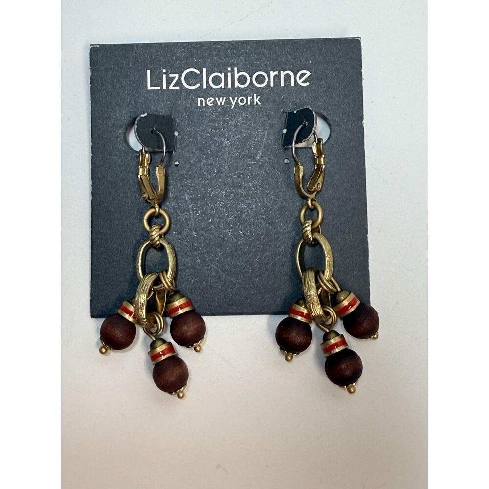 Liz Claiborne Gold Tone Metal Wooden Ball Dangle Earrings New